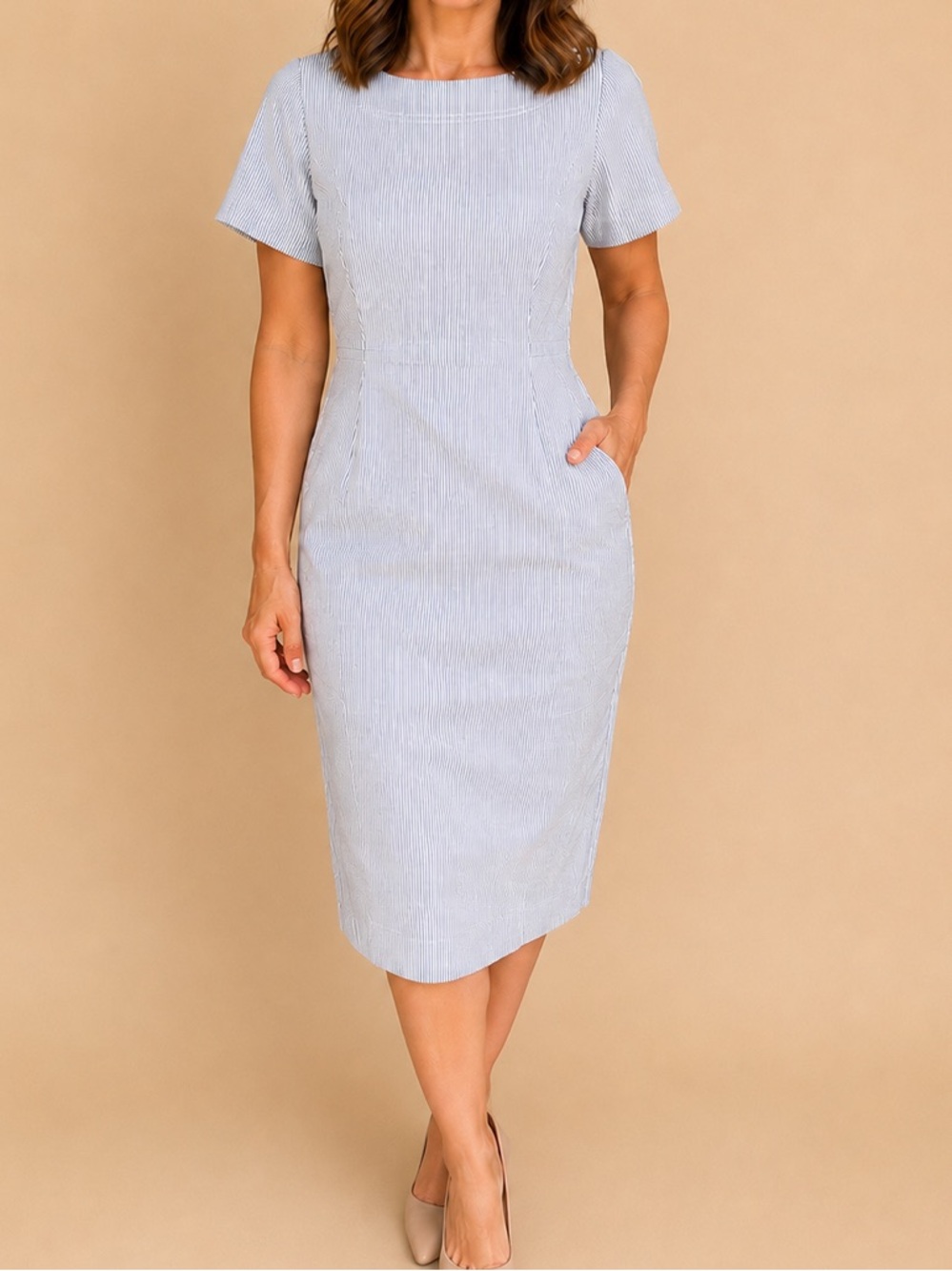 J.Crew Blue White Pinstripe Sheath Dress Cotton Blend Size 14